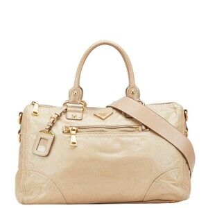 Prada triangular logo plate handbag shoulder bag Beige Pink Tan leather